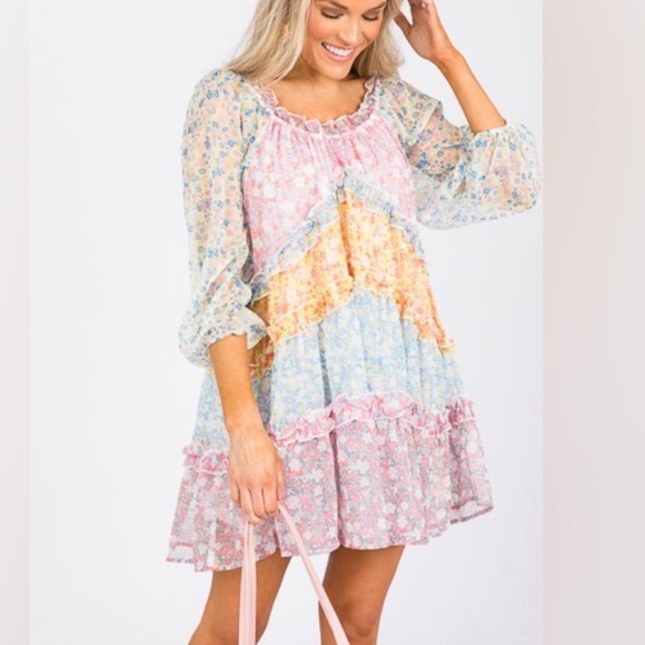 Love Colette Maisie Mini Cottage Babydoll Patchwork Floral Off-Shoulder L Dress - Picture 4 of 13